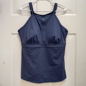 Lands End High Neck Empire Waist Tankini Swim Top Blue 16 DDD Keyhole Modest